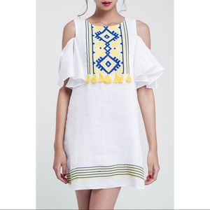 Cold Shoulder Dress Yellow Embroidered & Tassels